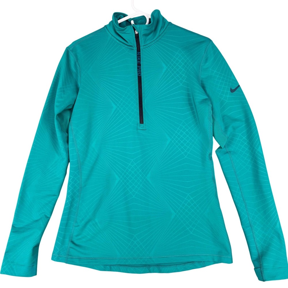 Nike‎ Pro Hyperwarm Womens Large Green 1/4 Zip Thermal Running Shirt 803140-351